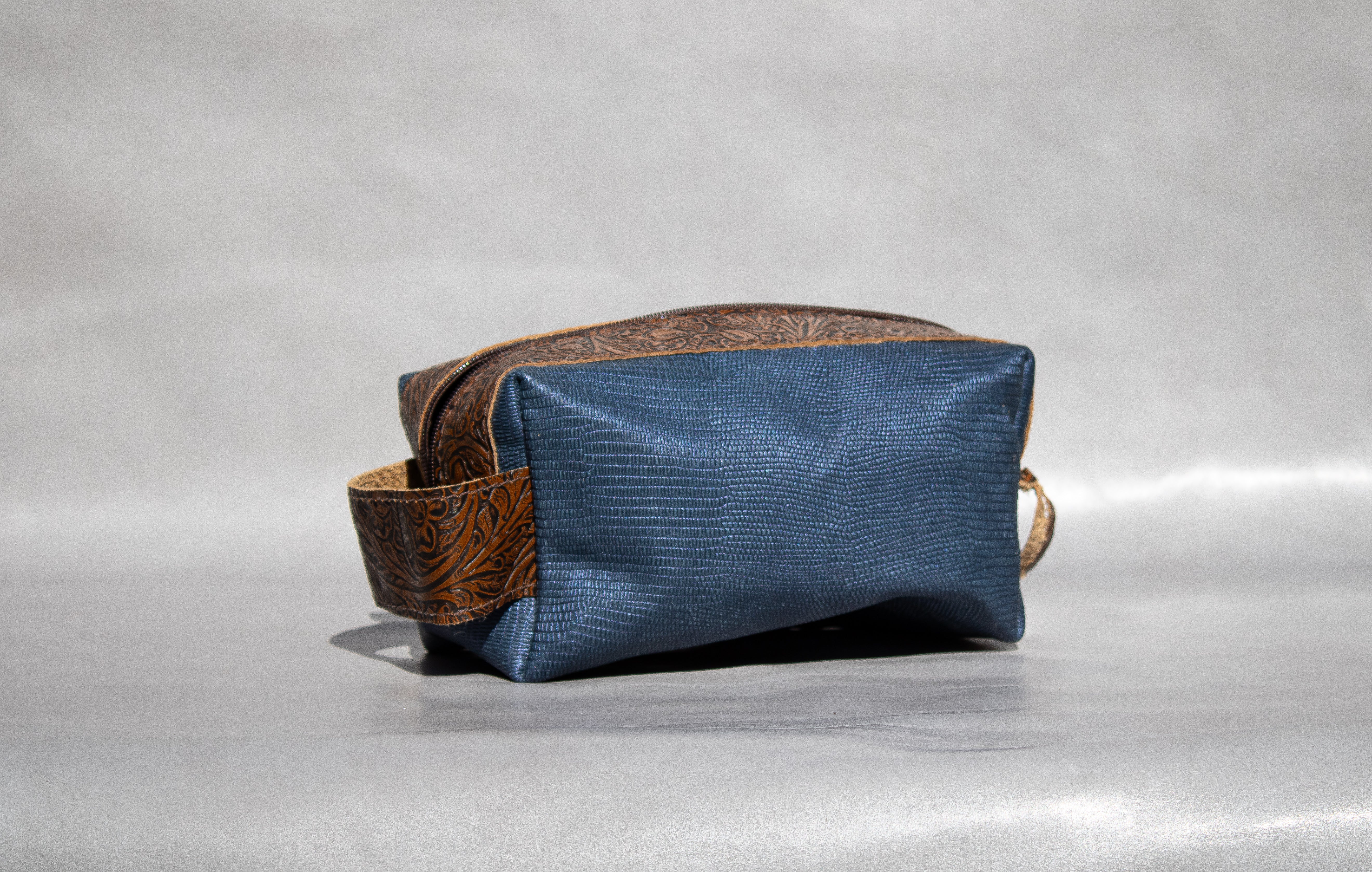 Dopp Kit (Blue and Embossed Brown) – R6J Custom Leather