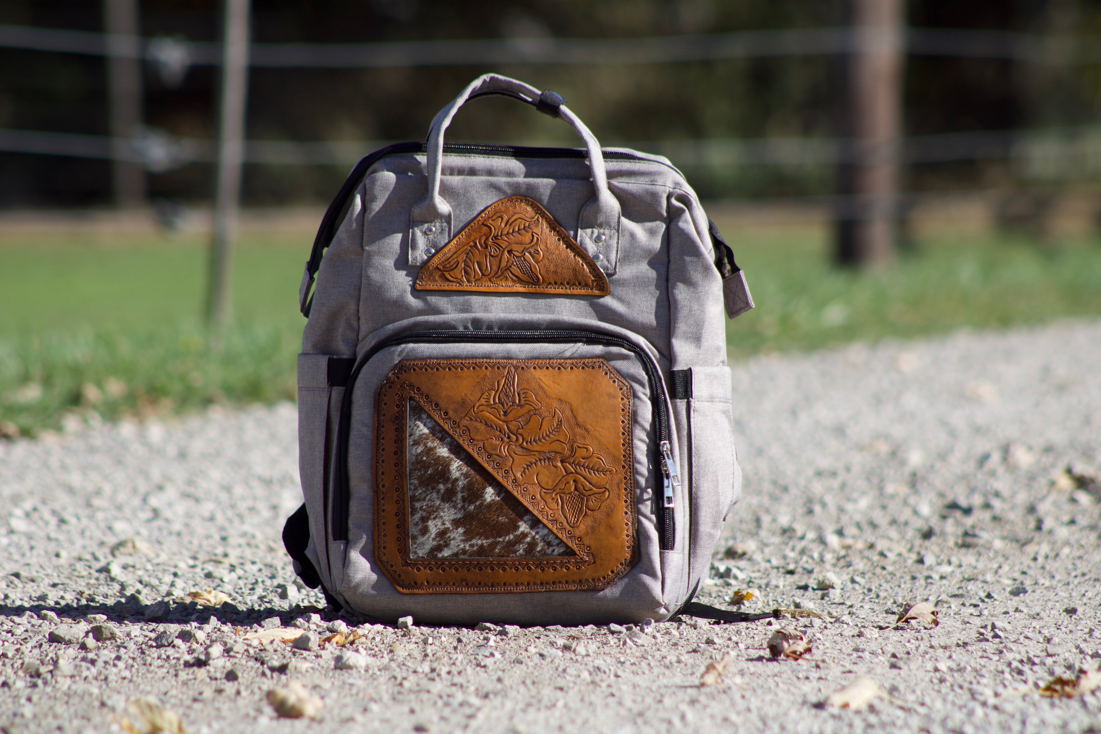 Diaper Bag with Leather Patch and Hair on Hide